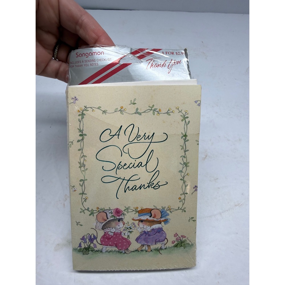 Vintage Sangamon Thank You Notes 8 Count Mice Floral Cottagecore Teal Foil 11732